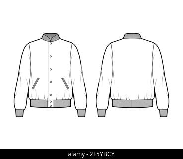 Varsity Bomber Jacke technische Mode Illustration mit Rib Baseball Kragen, Manschetten, Bund, Knöpfe Befestigung, übergroß, Lange Ärmel. Flache Mantelschablone vorne, Rückseite weiß. Frauen Männer CAD Stock Vektor