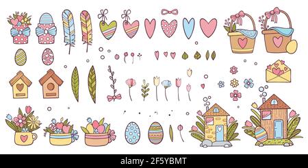 Frohe Ostern große Symbole gesetzt, handgezeichnete Stil Stock Vektor