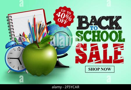Zurück zur Schule Verkauf Vektor Banner Hintergrund. Zurück zur Schule Verkauf Shop jetzt Text mit Bildungsmaterial Element für Bildung Artikel Rabatt Promo. Stock Vektor