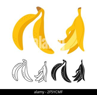 Banana Cartoon Set Linie Symbol, schwarze Glyphe Stil. Bananas tropische Sommer Kollektion hawaii Essen. Comic handgezeichnetes organisches Design für Verpackung, Grußkarte, Poster. Isolierte Vektordarstellung Stock Vektor