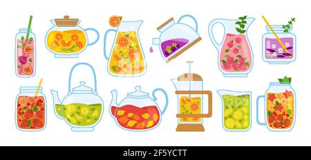 Tasse Tee und Cocktails Cartoon-Set. Tee Zeit Tasse Teekanne und Kräuter, Früchte, Zutaten für Getränke. Sommer handgezeichnete Blumen, Beeren für Poster, Menü. Flaches Design farbige trendige Vektor-Illustration Stock Vektor