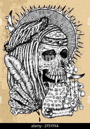 Grunge-Illustration mit menschlichem Schädel mit Dornenkrone, in Mönchskleie mit Manuskript und Federkiel. Mystischer Hintergrund für Halloween, Esoterik, Goth Stockfoto
