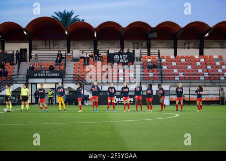 Valencia, Spanien. März 2021, 28th. Pauline Peyraud, Grace Kazadi, Aissatou Tounkara, Merel Van Dongen, Kylie Strom, Silvia Meseguer, Leicy Santos, Amanda Sanpedro, Ludmila Da Silva, Toni Duggan von Atletico de Madrid werden während der Spanischen Liga, La Liga Primera Division Femenina, Fußball-Spiel zwischen Valencia CF und Atletico de Madrid im Antonio Puchades Stadion gesehen.(Endstand; Valencia CF 0:0 Atletico de Madrid) (Foto: Xisco Navarro/SOPA Images/Sipa USA) Quelle: SIPA USA/Alamy Live News Stockfoto