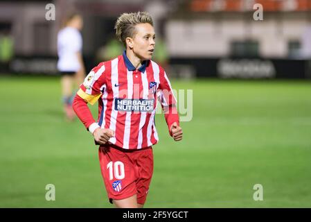 Valencia, Spanien. März 2021, 28th. Amanda Sanpedro von Atletico de Madrid in Aktion gesehen während der Spanischen Liga, La Liga Primera Division Femenina, Fußball-Spiel zwischen Valencia CF und Atletico de Madrid im Antonio Puchades Stadion.(Final Score; Valencia CF 0:0 Atletico de Madrid) (Foto von Xisco Navarro/SOPA Images/Sipa USA) Kredit: SIPA USA/Alamy Live News Stockfoto