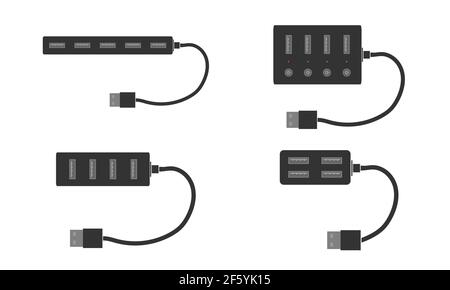 Ein kompletter Satz moderner USB-Splitter mit Anschlüssen und Kabel. USB-Hub für Ihren Computer oder Laptop. Flache Vektorgrafik Stock Vektor