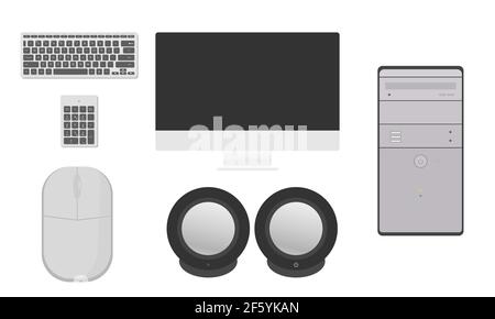 Ein Set für einen Heimcomputer. Monitor, Systemeinheit, runde, elegante Lautsprecher, Computermaus, einfache und digitale Tastatur. Flache Vektorgrafiken Stock Vektor