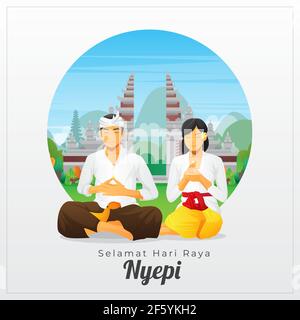 bali Stille Tag Grußkarte mit meditierem Paar Stock Vektor