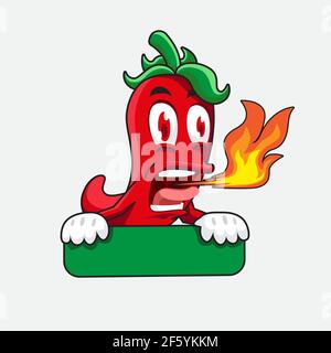 Hot und niedlichen Chili-Charakter hält grüne Schild Stock Vektor