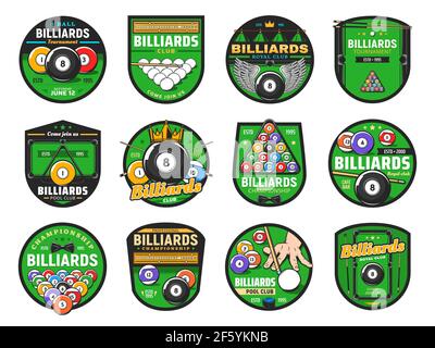 Billard und Billard Queue Sport Vektor-Symbole mit isolierten Kugeln, Queues und Snooker-Tische, Racks und Lampen mit goldenen Kronen und Flügel. Billard-Champion Stock Vektor