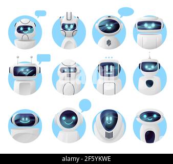 Bots, Chat-Roboter oder Chatbot-Icons, Vektor virtuelle KI der Service-Unterstützung. Chat bot Symbole mit Nachrichten Blasen und Lächeln Gesichter, digitale Messenger, Smar Stock Vektor