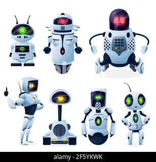 Zukünftige Androiden, Alien Cyborgs oder Roboterspielzeug. Niedliche humanoide außerirdische Roboter, mit Händen und Beinen, Rädern und Spuren, Klinken und Zangen, glowi Stock Vektor