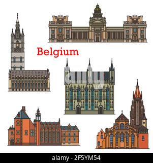 Belgien Reise Sehenswürdigkeiten, Architektur von Brüssel und Brügge, Vektor. Belgische Kathedralen, Kirchen und Bruxelles-Gebäude, Brügge Rathaus mairie, Stock Vektor