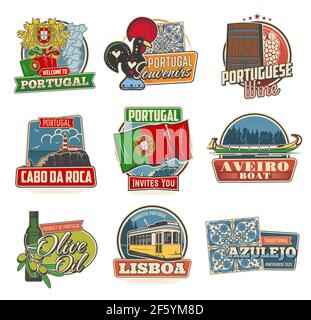Portugal Reise Vektor Symbole. Portugiesisches Staatswappen, Leuchtturm und Karte. Portugal Wein, Flagge und aveiro Boot mit Olivenöl, Zug und Stock Vektor
