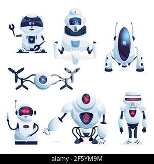 Alien Leben Roboter, Zukunft Drohnen und android-Spielzeug Comic-Figuren. Niedliche Roboter Waschbär, fliegende Droiden und Sci-Fi-Maschinen mit künstlichem intellig Stock Vektor
