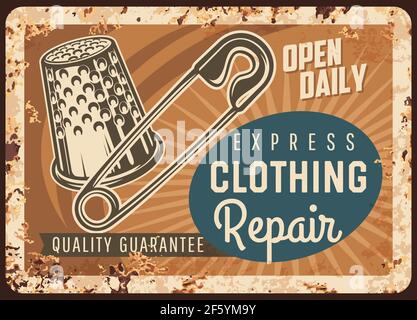 Express Kleidung Reparatur rostig Metallplatte, Vektor Schneider Shop vintage Rost Zinn Schild mit Stift und Flinte. Nähmode und Textilhandwerk retro poste Stock Vektor