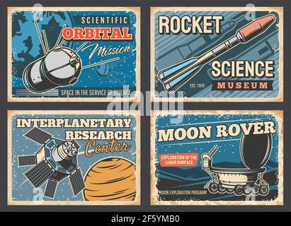Weltraumrakete, Astronaut Rakete und Mond Rover Plakate, Vektor Retro-Vintage. Raumschiff Flug und Universum Exploration, interplanetaren Forschungszentrum Stock Vektor