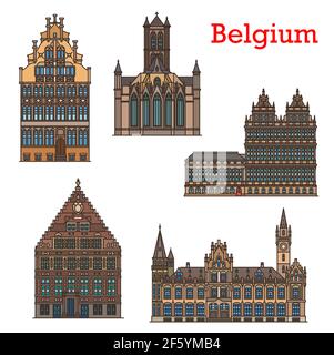 Belgien Sehenswürdigkeiten, Reise Architektur und Gebäude von Gent, Vektor. Berühmte belgische Kathedralen und Kirchen, Gent Rathaus mairie und Gildehuis de Stock Vektor