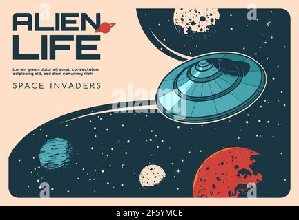 Aliens UFO im Weltraum, Galaxie Universum Planeten, Vektor vintage Poster. Aliens Leben und Planeten Eindringling UFO, Science-Fiction-Mystery Wissenschaft, Außerirdische Stock Vektor
