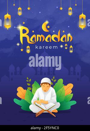 Ramadhan kareem Grußkarte mit Kind Lesen quran Vektor Bild Stock Vektor