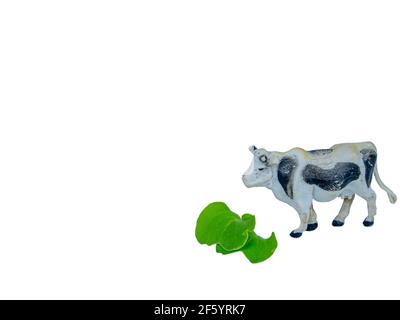 Tier weiße Kuh mit schwarzen Flecken frisst grünes Gras. Viehkuh. Grünes Gras. Viehzucht. Viehzucht. Landwirtschaft. Rinder. Milchviehbetrieb. Milchprodukte Stockfoto