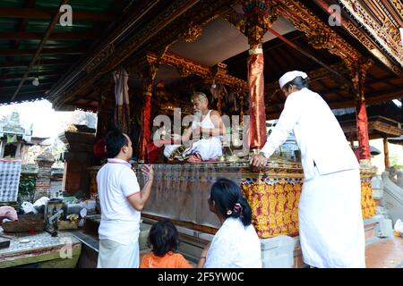 Ein balinesischer Hindu-Priester segnet einen Bräutigam in einer Vorhochzeit-Zeremonie in einem kleinen Tempel in Ubud, Bali, Indonesien. Stockfoto