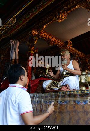 Ein balinesischer Hindu-Priester segnet einen Bräutigam in einer Vorhochzeit-Zeremonie in einem kleinen Tempel in Ubud, Bali, Indonesien. Stockfoto