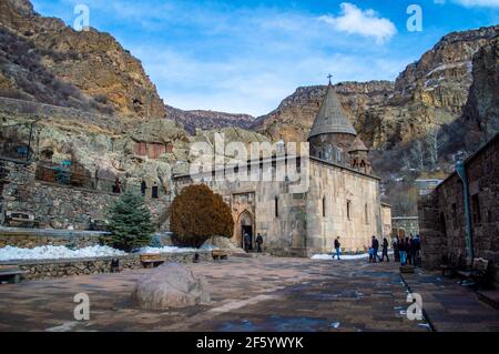 Geghard, Armenien - 17. Januar 2021: Kloster Geghard in der armenischen Provinz Kotayk Stockfoto