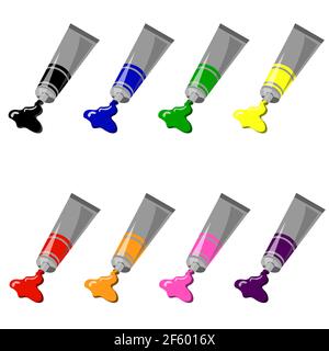 Eine Reihe von Farbtuben in verschiedenen Farben. Schwarz, Blau, Gelb, Grün, Rot, Orange, Rosa, Lila. Vektor auf weißem Hintergrund isoliert Stock Vektor