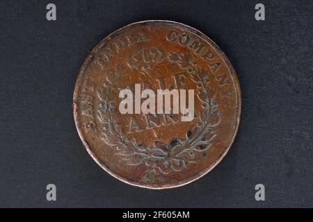 11 Apr 2014 East India Company Half-anna Münze geprägt 1835 studioaufnahme Kalyan Maharashtra Indien Stockfoto