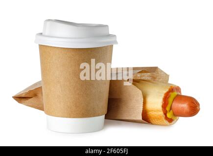 Tasse Kaffee zum Mitnehmen und Hot Dog Stockfoto