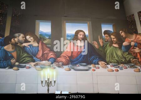 Detail von Leonardo Da Vincis Gemälde: Das letzte Abendmahl. Stockfoto