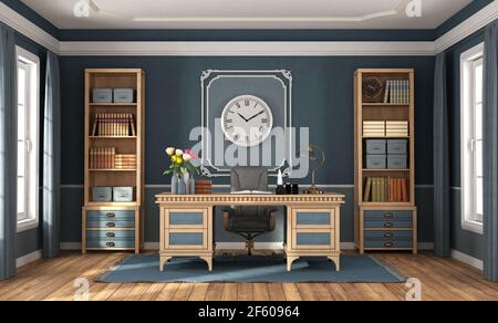 Klassisches Home Office mit blauen Wänden, Holzschreibtisch und Bücherregal - 3D Rendering Stockfoto