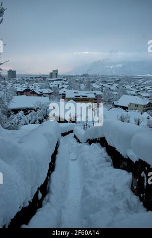 Blick über das verschneite Werdenberg-Gebiet in der Schweiz 15.1.2021 Stockfoto