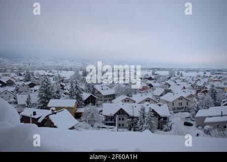 Blick über das verschneite Werdenberg-Gebiet in der Schweiz 15.1.2021 Stockfoto