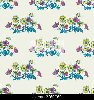 Handgezeichnete Blumen Gänseblümchen, Blätter nahtlose Muster abstrakten Hintergrund Tapete. Linienkunst botanische Illustration. Florale Wandkunst Vektor Illustration Stock Vektor