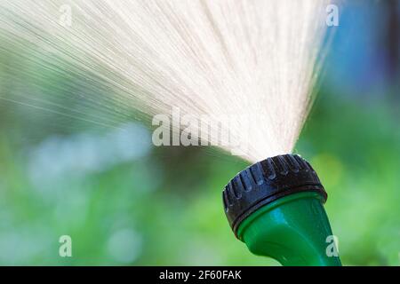 Nahaufnahme des Rasensprinklers mit Hintergrundbeleuchtung, der Wasser ausstreckt. Bewässerung Bewässerungssystem für Sommergarten Konzept Stockfoto