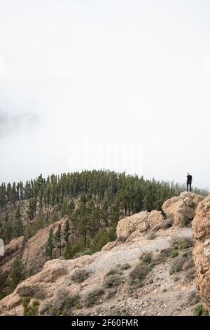 Ein Mann, der eine bergige Landschaft und Kiefernwald mit niedrigen Wolken zwischen den Bergen betrachtet. Naturkonzept Stockfoto