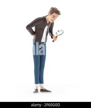 3D Zeichentrickfilm Mann Blick durch Lupe, Illustration isoliert auf weißem Hintergrund Stockfoto