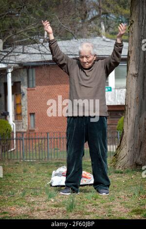 Ein asiatischer Amerikaner, der wahrscheinlich in den Achtzigern ist, führt eine kleine Gruppe in Tai Chi-Bewegungsübungen in einem Park in Queens, New York City.Vertical, Stockfoto