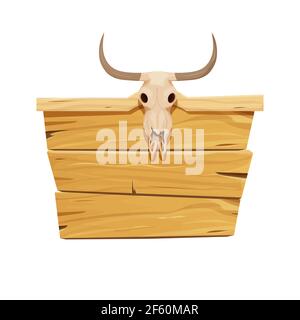 WESTERN leere leere Zeichen, Bretter oder Holzplanken mit Stier Schädel in Cartoon-Stil isoliert auf weißem Hintergrund. Banner für Nachrichten oder Zeiger für pa Stock Vektor