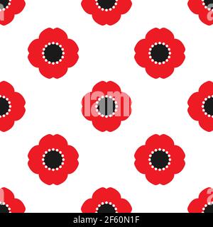 Nahtloses Muster mit roten Mohnblumen auf weißem Hintergrund. Wildes Scharlach Blüte Ornament. Vektor-Stoffdruck. Eco, floral, natürlich, Liebe Tapete. Stock Vektor