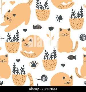 Cute nahtlose Vektor-Hintergrund mit lustigen Katzen und Blumen in Cartoon-Stil. Stock Vektor
