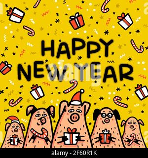 Frohes neues Jahr Schwein gelbe Grußkarte. Lustige Schweine mit Süßigkeiten Stöcke, Geschenke, und Santa's Hüte. 2019 Chinesisches Neujahrssymbol. Doodle-Stil Zeichen Stock Vektor