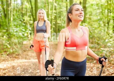 Zwei Freunde machen Nordic Walking in der Natur für Ausdauer und Gesundheit Stockfoto