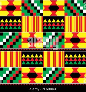 Kente Vektor nahtloses Textilmuster aus Ghana, afrikanisches traditionelles geometrisches Nwentoma-Design in rot, schwarz, gelb und grün Stock Vektor