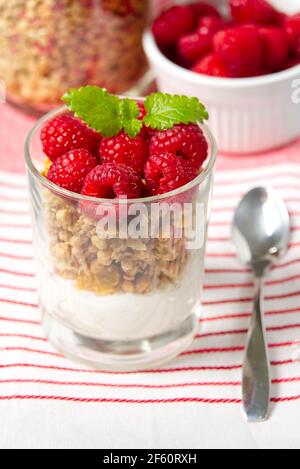 Joghurt mit Müsli und frischen Heidelbeeren und Himbeere, im Glas. Gesundes Frühstück: Joghurt-Parfait mit Müsli und Beeren Stockfoto