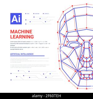 Web-Vorlage für Machine Learning-System. Menschliches Gesicht bestehend aus Polygonen, Punkten, Linien und binären Datenfluss auf blauem Hintergrund. Künstliche Intelligenz Stock Vektor