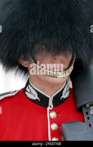 21. April 2011. London, England. Eine königliche Fußwache, ein Mitglied der Schotten-Garde, steht vor Catherin im Wachdienst am Buckingham Palace Stockfoto