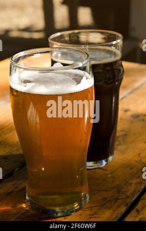 Gläser Lagerbier und dunkles Bier auf Holztisch, Craft-Bier-Brauerei, Pint Gold und Pint Stout Stockfoto