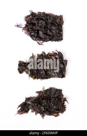 Nahaufnahme von getrockneten Algen Blatt gesunde Lebensmittel isoliert auf Weißer Tabellenhintergrund Stockfoto